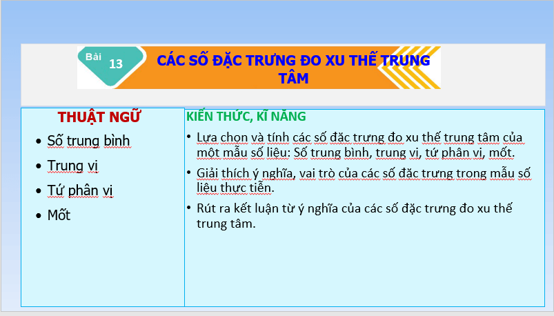 Giáo án điện tử Toán 10 Bài 13: Các số đặc trưng đo xu thế trung tâm | PPT Toán 10 Kết nối tri thức