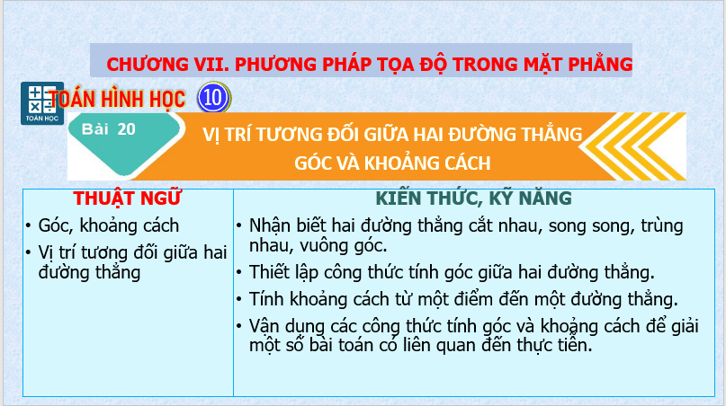 Giáo án điện tử Toán 10 Bài 20: Vị trí tương đối giữa hai đường thẳng. Góc và khoảng cách | PPT Toán 10 Kết nối tri thức