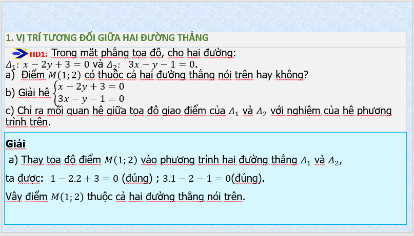 Giáo án điện tử Toán 10 Bài 20: Vị trí tương đối giữa hai đường thẳng. Góc và khoảng cách | PPT Toán 10 Kết nối tri thức