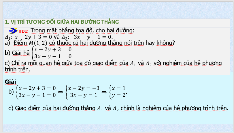 Giáo án điện tử Toán 10 Bài 20: Vị trí tương đối giữa hai đường thẳng. Góc và khoảng cách | PPT Toán 10 Kết nối tri thức