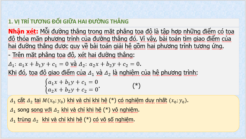 Giáo án điện tử Toán 10 Bài 20: Vị trí tương đối giữa hai đường thẳng. Góc và khoảng cách | PPT Toán 10 Kết nối tri thức