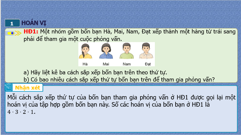 Giáo án điện tử Toán 10 Bài 24: Hoán vị, chỉnh hợp và tổ hợp | PPT Toán 10 Kết nối tri thức