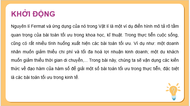 Giáo án điện tử Chuyên đề Toán 12 Kết nối Bài 4: Vận dụng đạo hàm để giải quyết một số bài toán tối ưu | PPT Chuyên đề học tập Toán 12 Kết nối tri thức