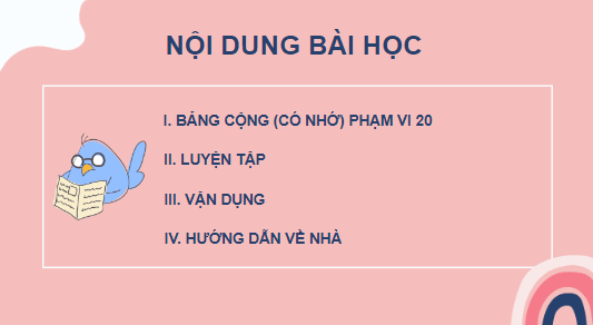 Giáo án điện tử Toán lớp 2 Bảng cộng (có nhớ) trong phạm vi 20 | PPT Toán lớp 2 Cánh diều