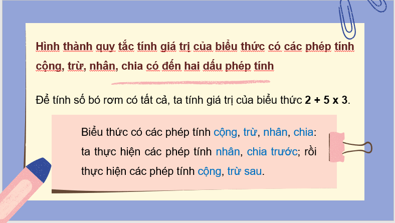 Giáo án điện tử Toán lớp 3 Tính giá trị của biểu thức (tiếp theo) | PPT Toán lớp 3 Chân trời sáng tạo