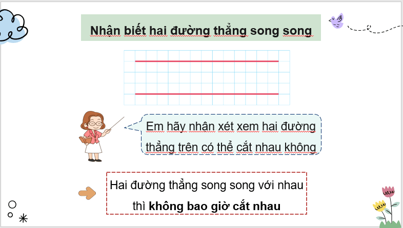 Giáo án điện tử Toán lớp 4 Bài 22: Hai đường thẳng song song. Vẽ hai đường thẳng song song | PPT Toán lớp 4 Cánh diều