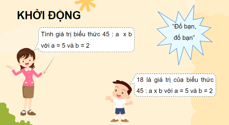 Giáo án điện tử Toán lớp 4 Bài 12: Biểu thức có chứa chữ (tiếp theo) | PPT Toán lớp 4 Chân trời sáng tạo