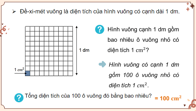 Giáo án điện tử Toán lớp 4 Bài 18: Đề-xi-mét vuông, mét vuông, mi-li-mét vuông | PPT Toán lớp 4 Kết nối tri thức