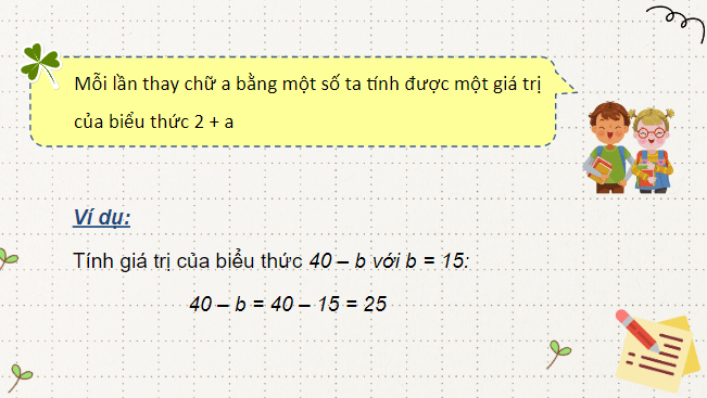 Giáo án điện tử Toán lớp 4 Bài 4: Biểu thức chứa chữ | PPT Toán lớp 4 Kết nối tri thức