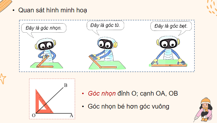 Giáo án điện tử Toán lớp 4 Bài 8: Góc nhọn, góc tù, góc bẹt | PPT Toán lớp 4 Kết nối tri thức