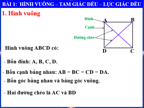 Giáo án điện tử Toán 6 Bài 1: Hình vuông - Tam giác đều - Lục giác đều | PPT Toán 6 Chân trời sáng tạo