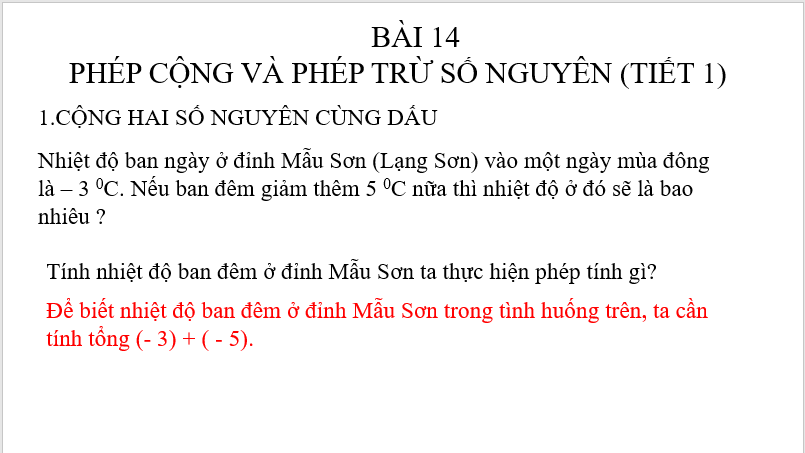 Giáo án điện tử Toán 6 Bài 14: Phép cộng và phép trừ số nguyên | PPT Toán 6 Kết nối tri thức