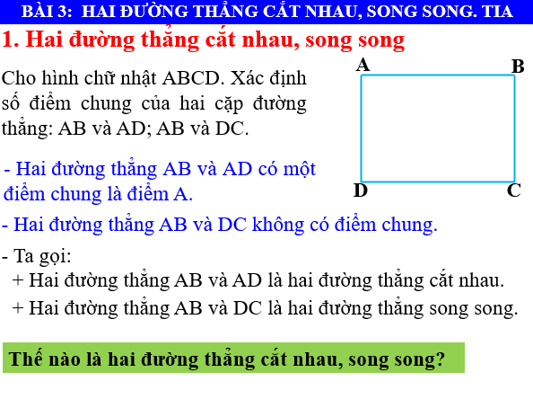 Giáo án điện tử Toán 6 Bài 3: Hai đường thẳng cắt nhau, song song. Tia | PPT Toán 6 Chân trời sáng tạo