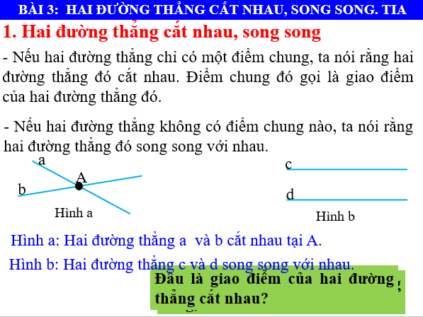 Giáo án điện tử Toán 6 Bài 3: Hai đường thẳng cắt nhau, song song. Tia | PPT Toán 6 Chân trời sáng tạo