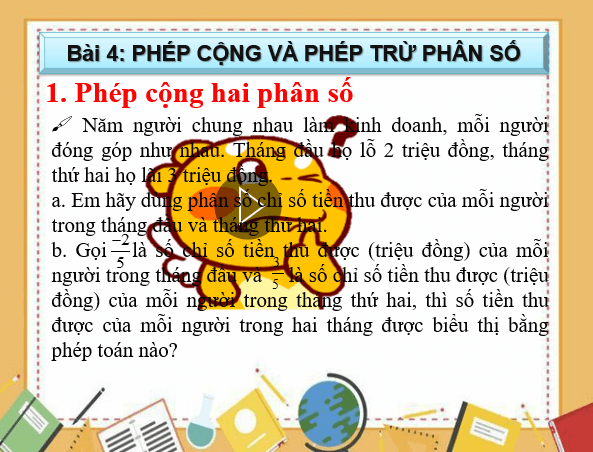 Giáo án điện tử Toán 6 Bài 4: Phép cộng và phép trừ phân số | PPT Toán 6 Chân trời sáng tạo