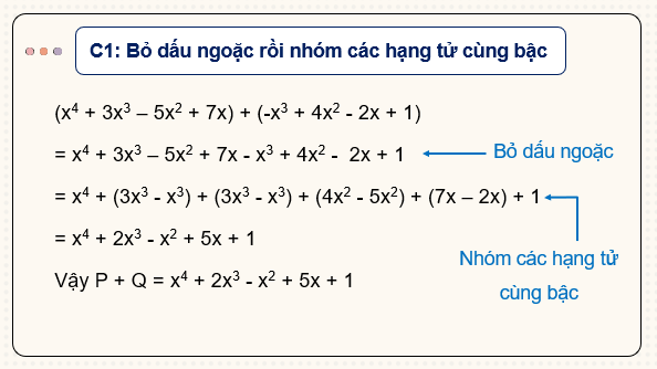 Giáo án điện tử Toán 7 Bài 26: Phép cộng và phép trừ đa thức một biến | PPT Toán 7 Kết nối tri thức