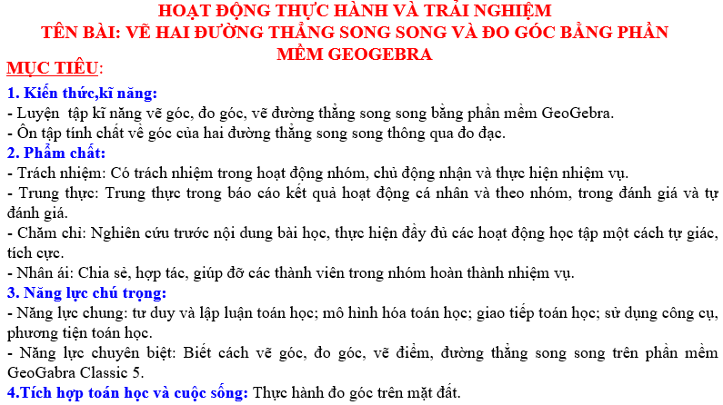 Giáo án điện tử Toán 7 Bài 5: Hoạt động thực hành và trải nghiệm: Vẽ hai đường thẳng song song và đo góc bằng phần mềm GeoGebra | PPT Toán 7 Chân trời sáng tạo