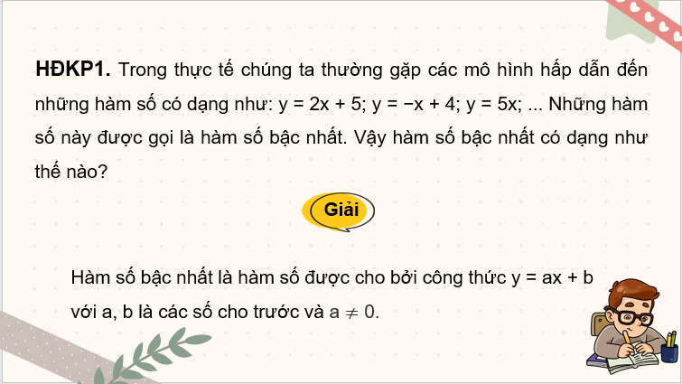 Giáo án điện tử Toán 8 Bài 3: Hàm số bậc nhất y = ax + b (a ≠ 0) | PPT Toán 8 Chân trời sáng tạo