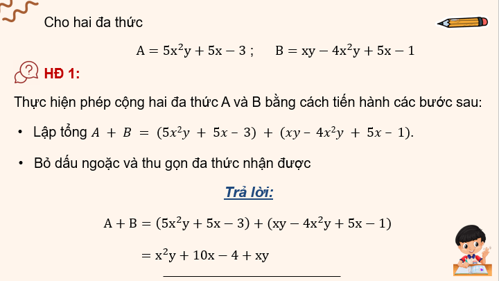 Giáo án điện tử Toán 8 Bài 3: Phép cộng và phép trừ đa thức | PPT Toán 8 Kết nối tri thức