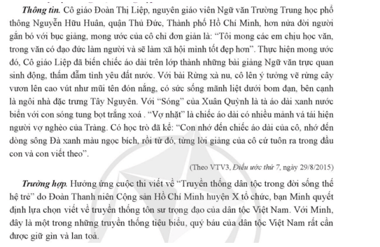 Trong trường hợp 1 cô giáo Đoàn Thị Liệp đã thể hiện lòng tự hào về truyền thống 