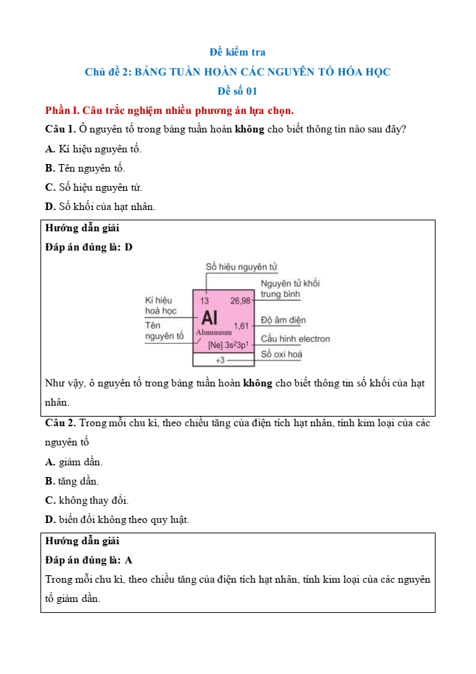Đề kiểm tra Hóa học 10 Cánh diều Chủ đề 2 (có lời giải)