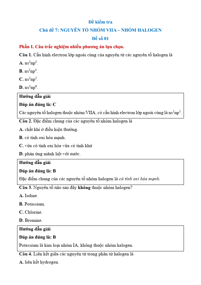Đề kiểm tra Hóa học 10 Cánh diều Chủ đề 7 (có lời giải)