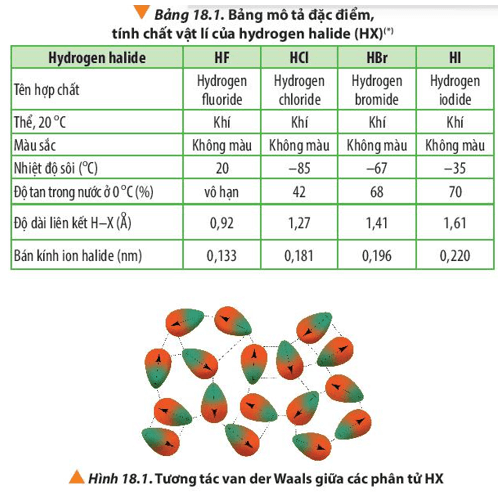 Dựa vào Bảng 18.1 và Hình 18.1, cho biết nhiệt độ sôi của các hydrogen halide