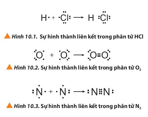 Quan sát các Hình 10.1 đến 10.3, cho biết quy tắc octet đã được áp dụng ra sao (ảnh 1)