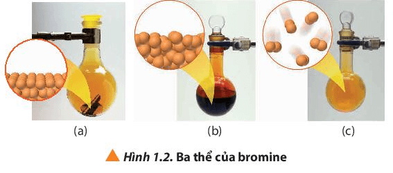 Quan sát Hình 1.2, cho biết ba thể của bromine tương ứng với mỗi hình (ảnh 1)