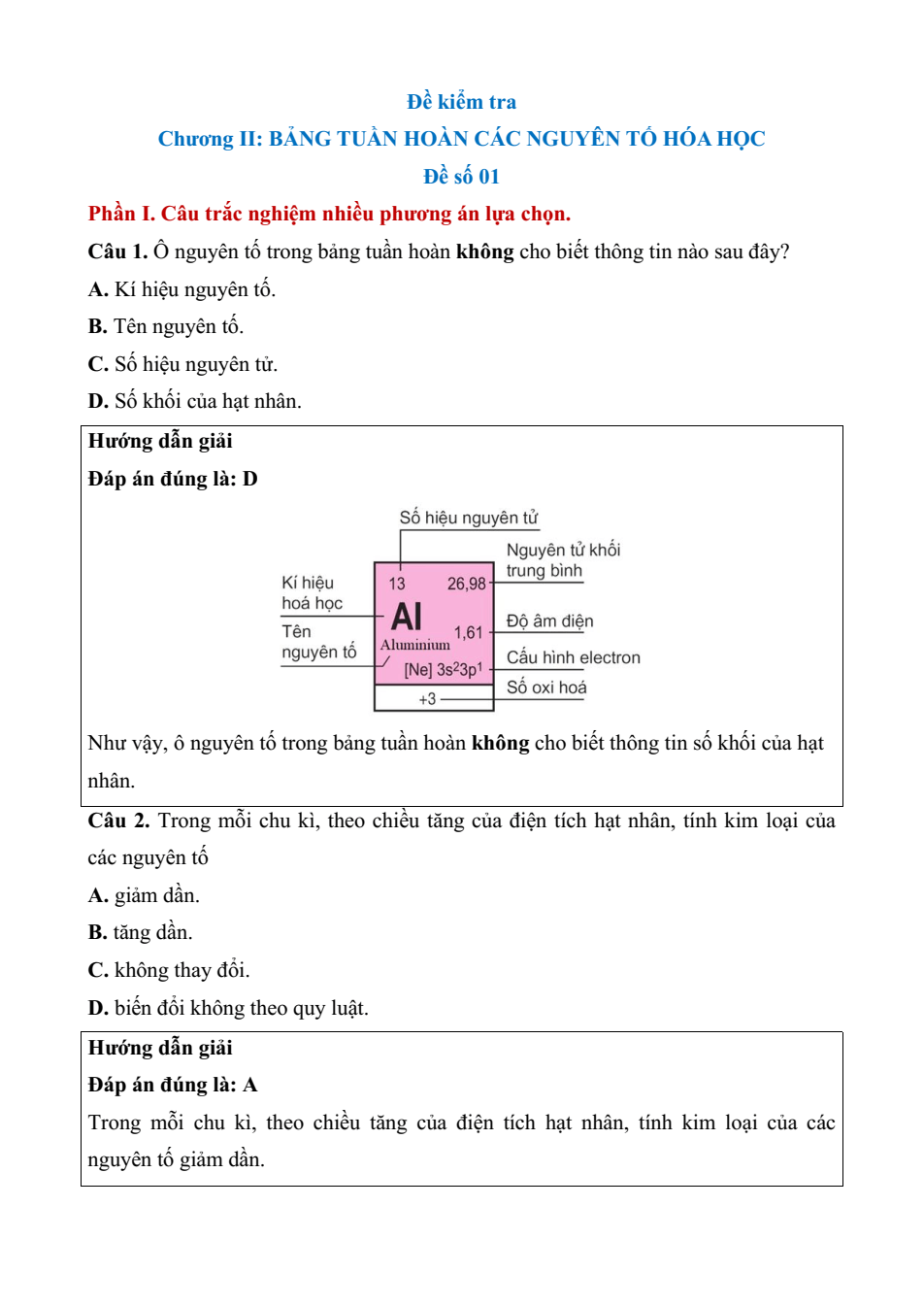 Đề kiểm tra Hóa học 10 Chân trời sáng tạo Chương 2 (có lời giải)