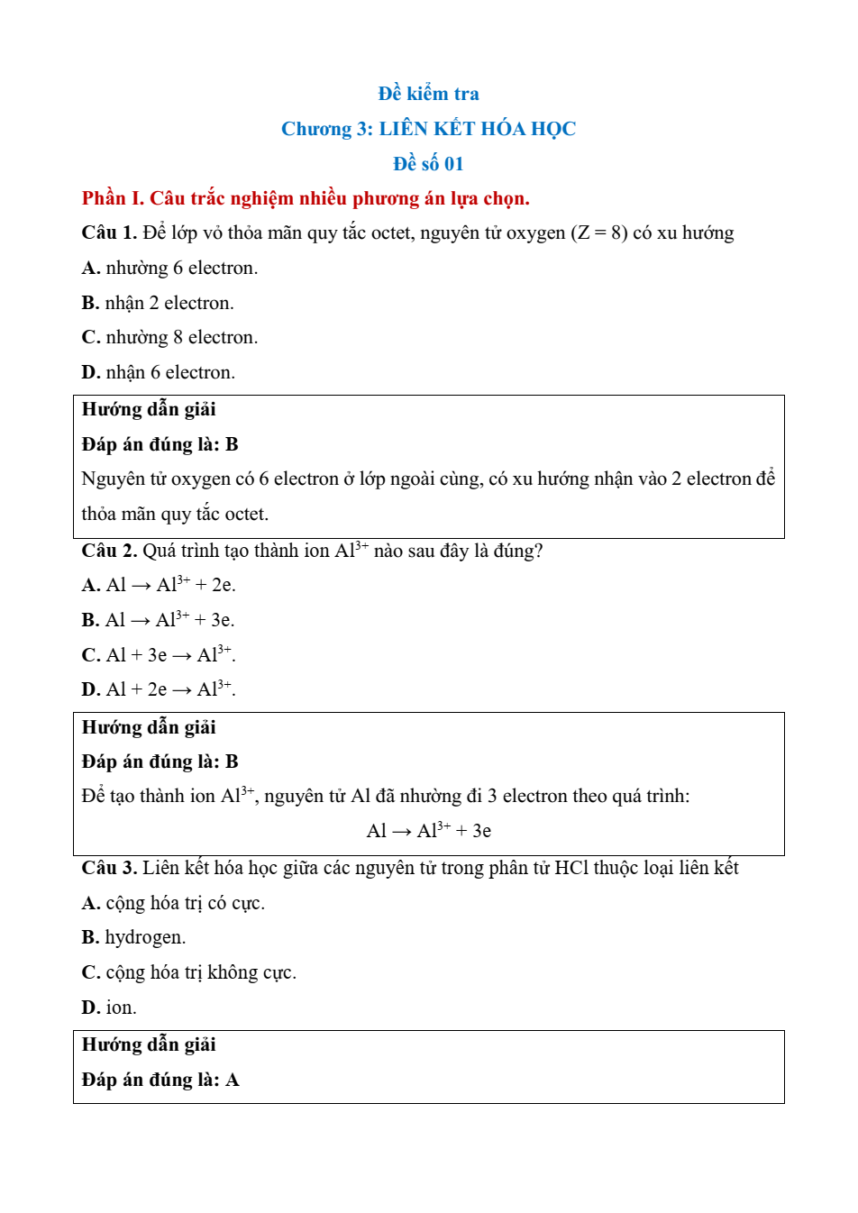Đề kiểm tra Hóa học 10 Chân trời sáng tạo Chương 3 (có lời giải)