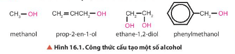 Quan sát Hình 16.1 và Hình 16.2, cho biết nguyên tử carbon liên kết với nhóm chức hydroxy