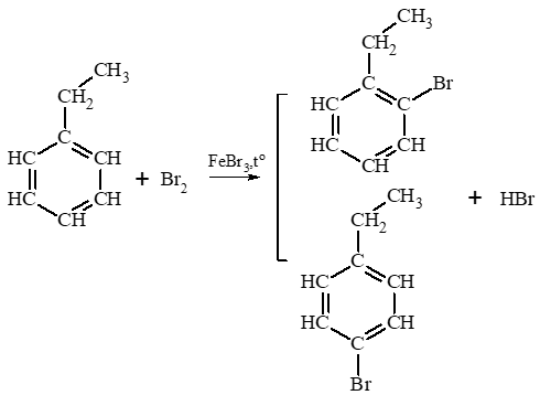 Viết phương trình phản ứng của ethylbenzene với các tác nhân sau Br2/FeBr3 nhiệt độ