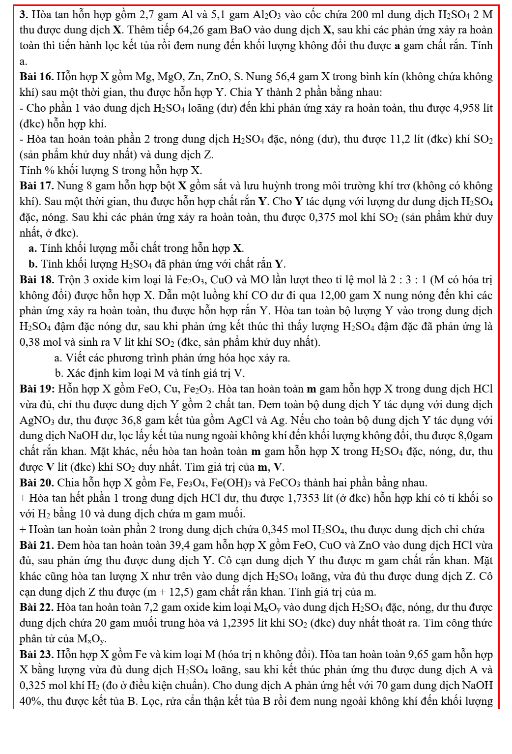 Chuyên đề bồi dưỡng HSG Hóa học 9 Bài tập H2SO4 nâng cao (có lời giải)