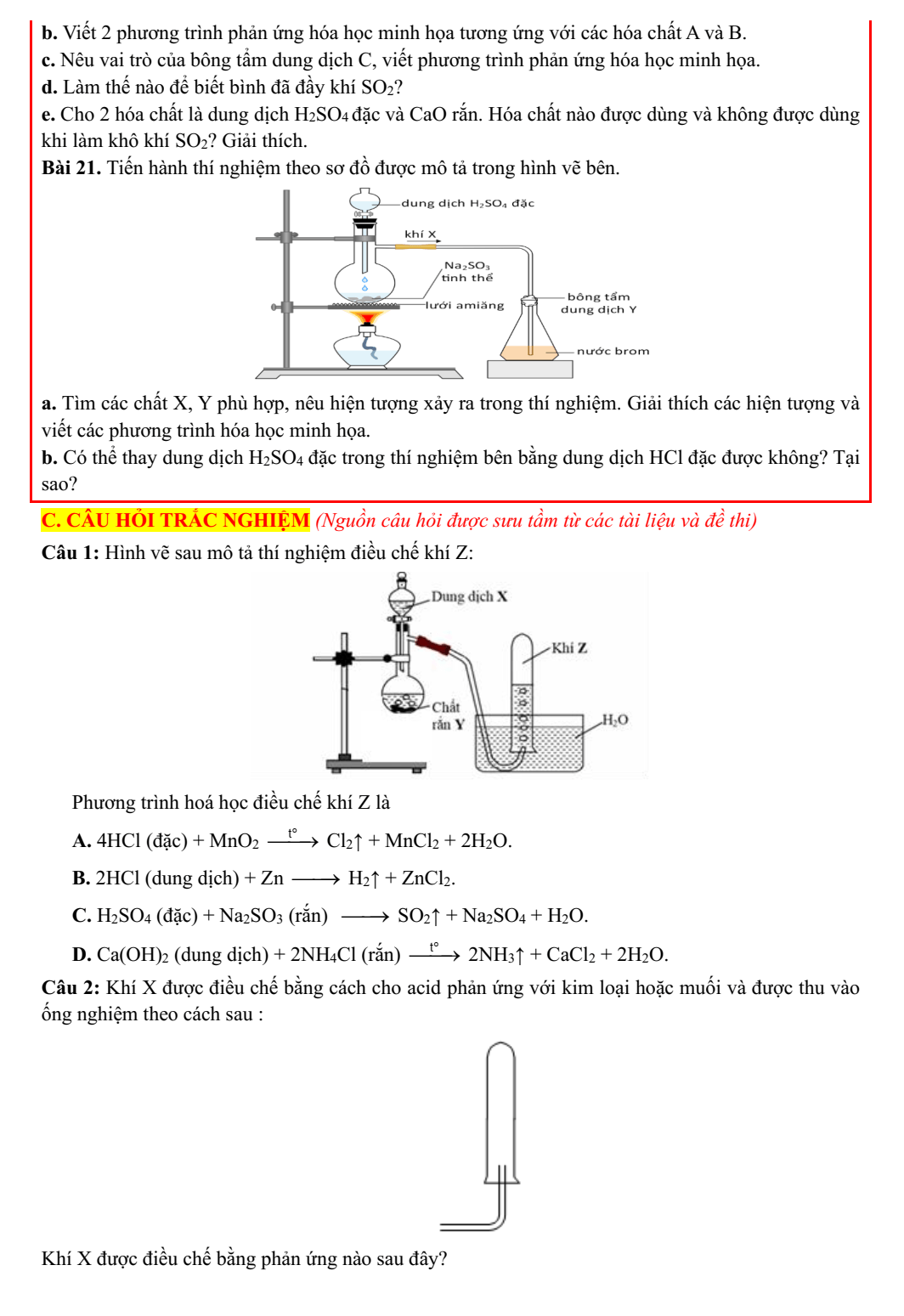 Chuyên đề bồi dưỡng HSG Hóa học 9 Bài tập hình vẽ thí nghiệm hóa học (có lời giải)