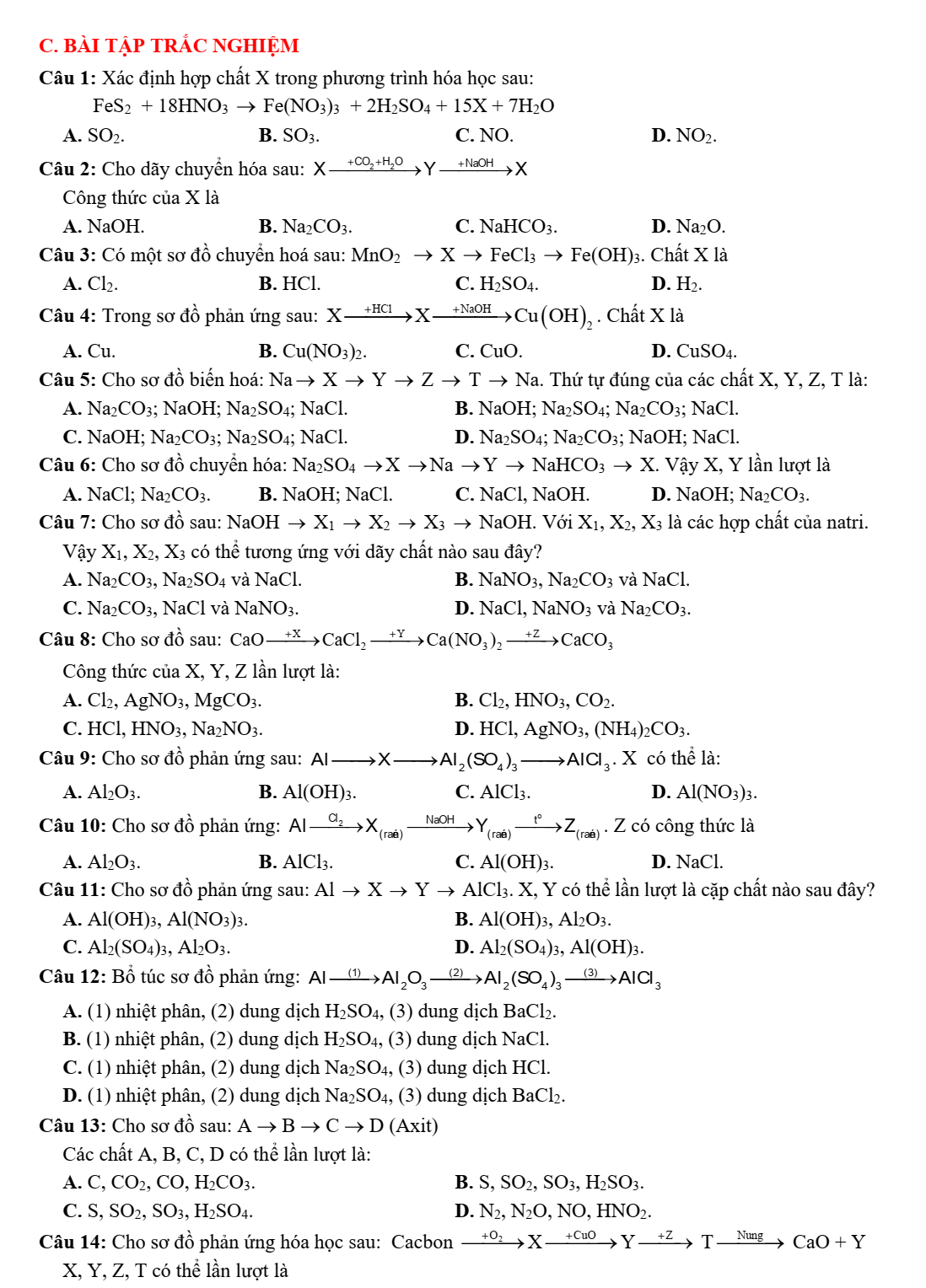 Chuyên đề bồi dưỡng HSG Hóa học 9 Bài tập viết phương trình hóa học theo sơ đồ chuỗi phản ứng (có lời giải)