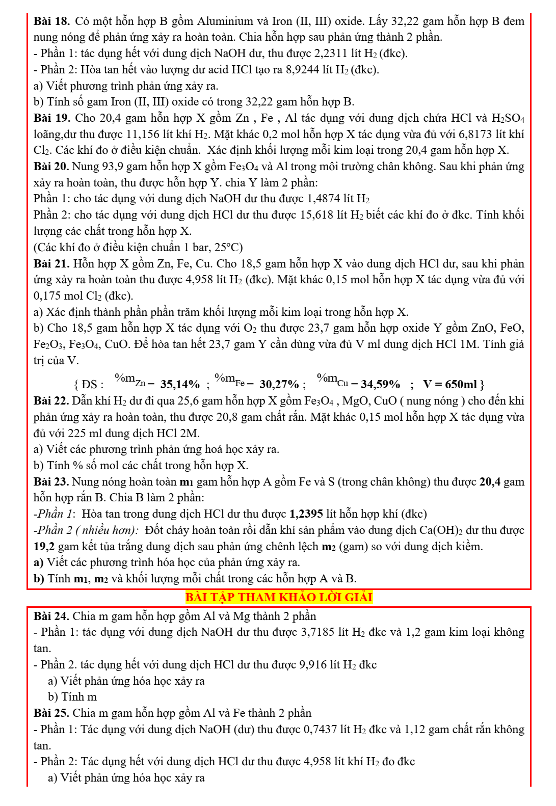 Chuyên đề bồi dưỡng HSG Hóa học 9 Bài toán hỗn hợp chia phần (có lời giải)