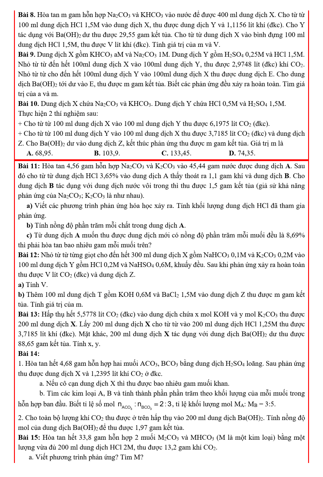 Chuyên đề bồi dưỡng HSG Hóa học 9 Bài toán muối carbonate và hydrogen carbonate (có lời giải)