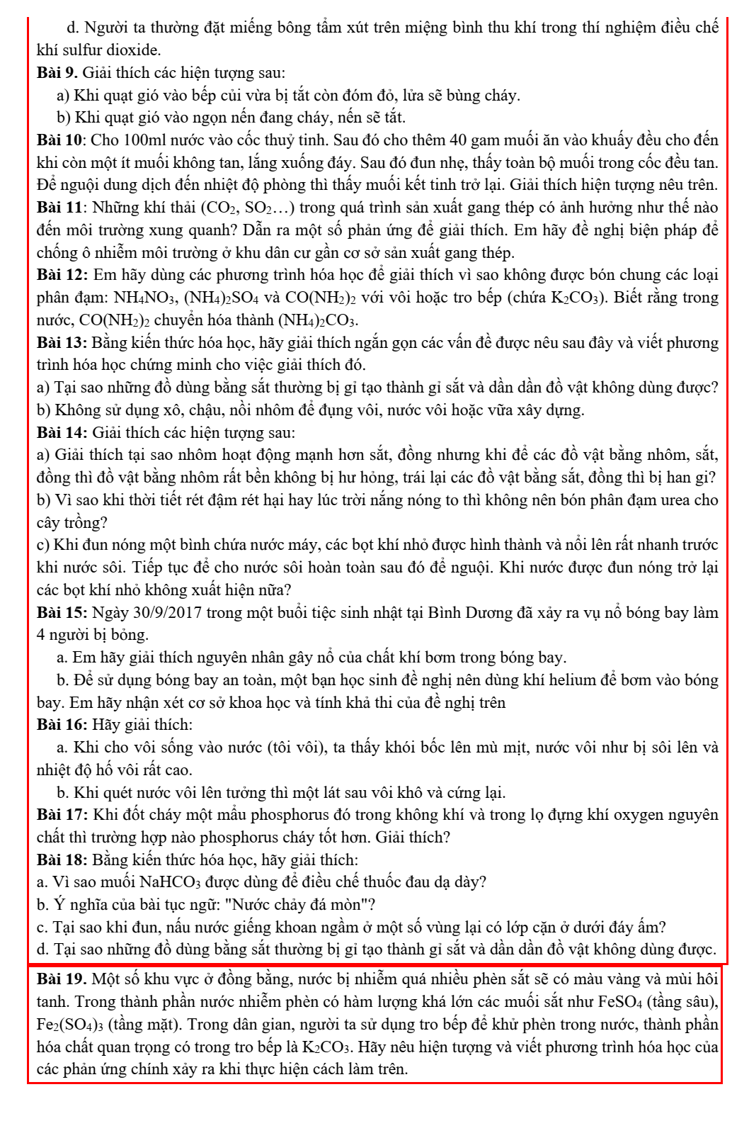 Chuyên đề bồi dưỡng HSG Hóa học 9 Nêu hiện tượng, giải thích hiện tượng thực tế (có lời giải)
