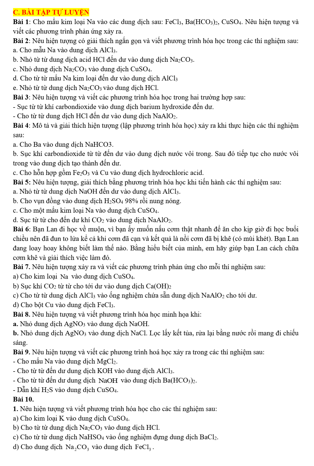 Chuyên đề bồi dưỡng HSG Hóa học 9 Nêu hiện tượng, giải thích hiện tượng thực tế (có lời giải)