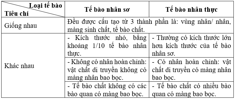 Lập bảng các đặc điểm giống nhau và khác nhau về cấu tạo giữa tế bào nhân sơ