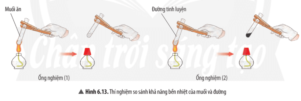 Quan sát thí nghiệm 2 (Hình 6.13), cho biết muối hay đường bền nhiệt hơn