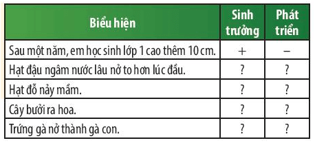 Nhận biết sự sinh trưởng và phát triển ở sinh vật bằng cách hoàn thành bảng sau đây