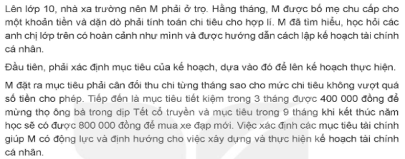 Trong một năm học phải xa nhà, M đã xác định các mục tiêu tài chính cần thực hiện là gì?