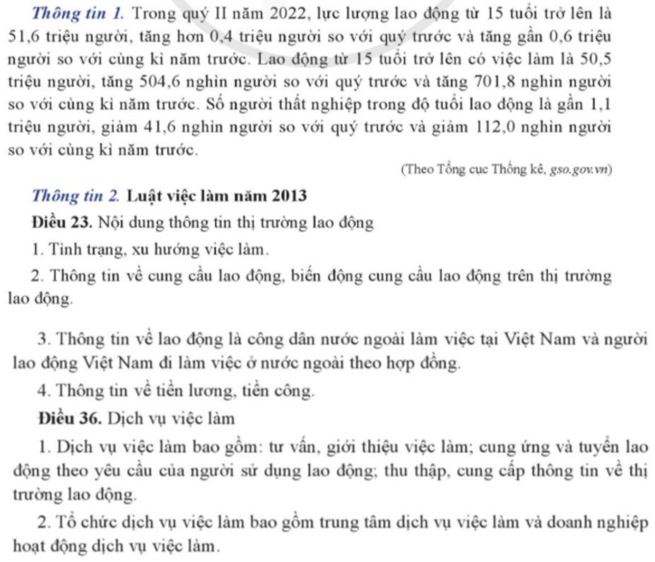 Từ thông tin 2, em hãy cho biết thông tin thị trường lao động, dịch vụ việc làm