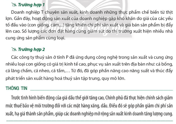 Em hãy xác định các nhân tố ảnh hưởng đến cung trong các thông tin, trường hợp trên