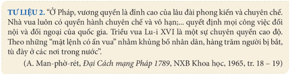 Khai thác Tư liệu 2 và thông tin trong mục trình bày tiền đề về chính trị của các cuộc cách mạng tư sản