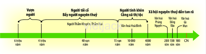 Dựa vào hình trên trục thời gian (trang 16), em hãy cho bết quá trình tiến hóa từ vượn thành người