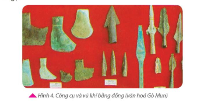 Quan sát hình 4, hãy kể tên một số công cụ, vũ khí được tìm thấy thuộc văn hóa Gò Mun