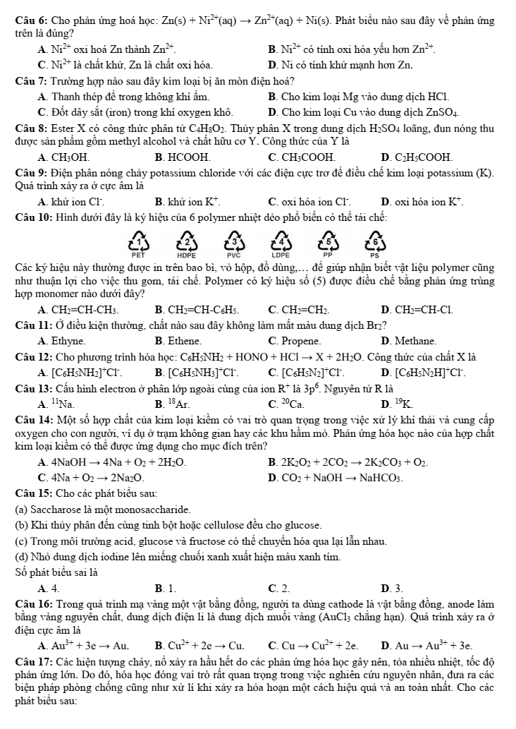 Đề thi thử Hóa Tốt nghiệp 2025-2026 trường THPT chuyên Lê Khiết (Quảng Ngãi) (Lần 1)